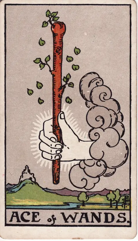 Tarotkarte Ass der Stäbe aus dem Deck von Pamela Colman Smith (1909)