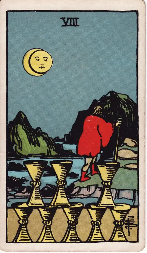 Tarotkarte Acht der Kelche (8 der Kelche) aus dem Deck von Pamela Colman Smith (1909)