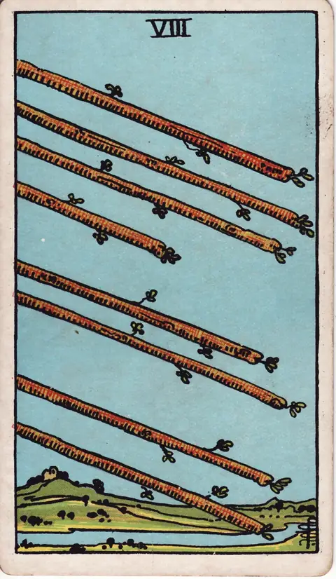 Tarotkarte Acht der Stäbe (8 der Stäbe) aus dem Deck von Pamela Colman Smith (1909)