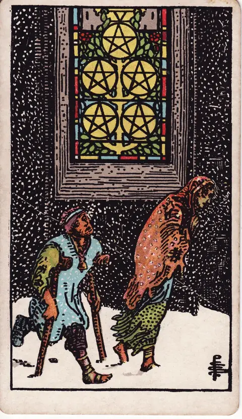 ไพ่ทาโรต์ Five of Pentacles (ห้าเหรียญ) จากสำรับปี 1909 วาดโดยพาเมลา โคลแมน สมิธ