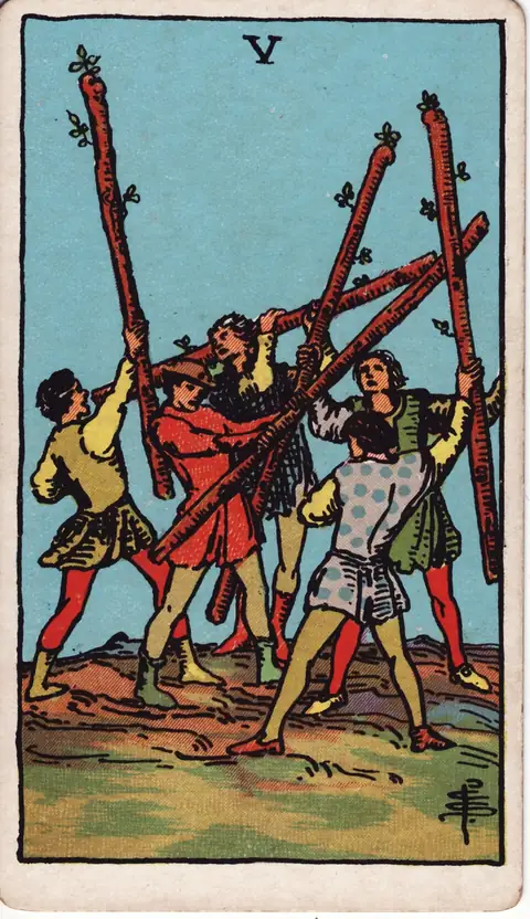 Tarotkarte Fünf der Stäbe (5 der Stäbe) aus dem Deck von Pamela Colman Smith (1909)