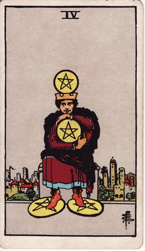 Tarotkarte Vier der Münzen (4 der Münzen) aus dem Deck von Pamela Colman Smith (1909)