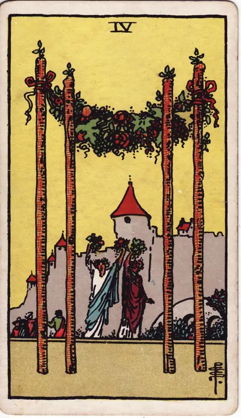 Tarotkarte Vier der Stäbe (4 der Stäbe) aus dem Deck von Pamela Colman Smith (1909)