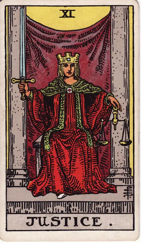 Justice tarot card from the 1909 deck by Pamela Colman Smith
