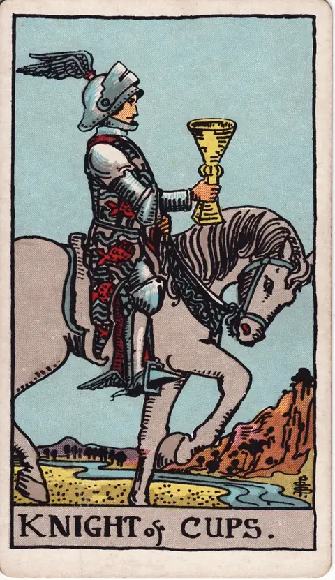 Tarotkarte Ritter der Kelche aus dem Deck von Pamela Colman Smith (1909)