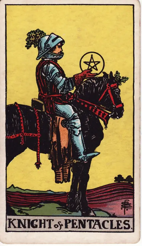Tarotkarte Ritter der Münzen aus dem Deck von Pamela Colman Smith (1909)