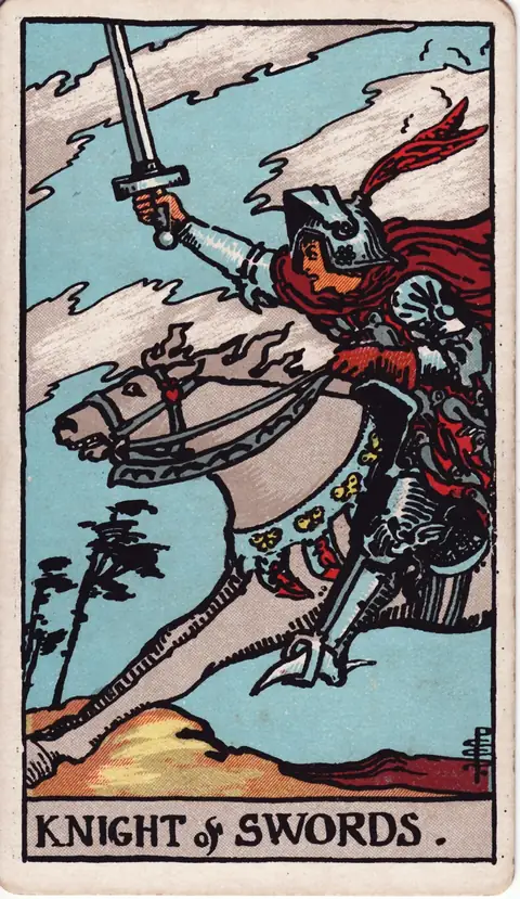 Tarotkarte Ritter der Schwerter aus dem Deck von Pamela Colman Smith (1909)
