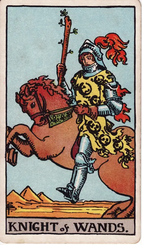 Tarotkarte Ritter der Stäbe aus dem Deck von Pamela Colman Smith (1909)