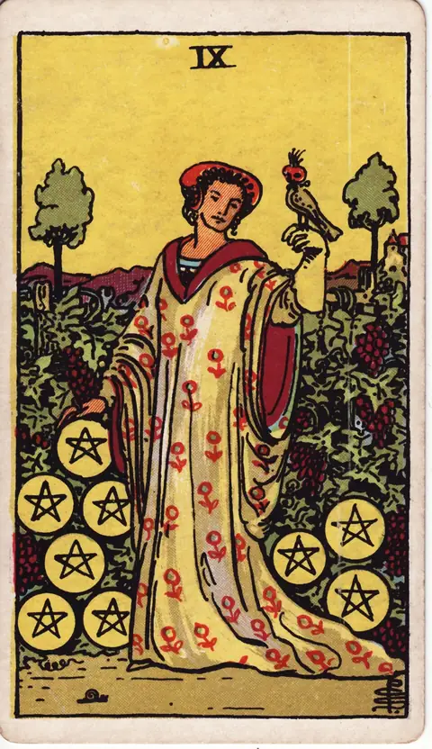 Tarotkarte Neun der Münzen (9 der Münzen) aus dem Deck von Pamela Colman Smith (1909)