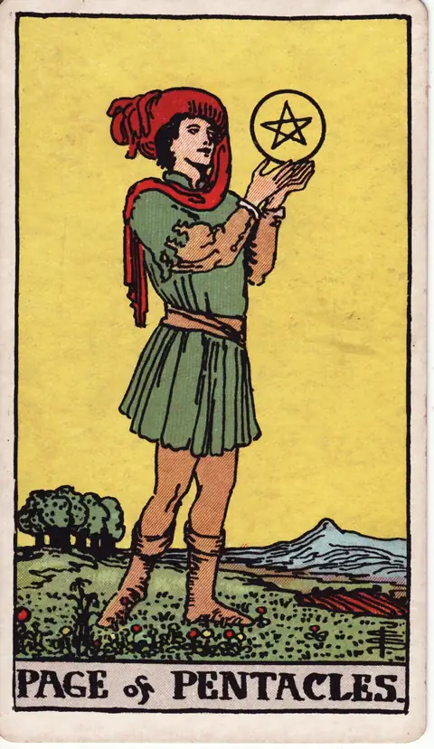 Page of Pentacles tarot card from the 1909 deck by Pamela Colman Smith