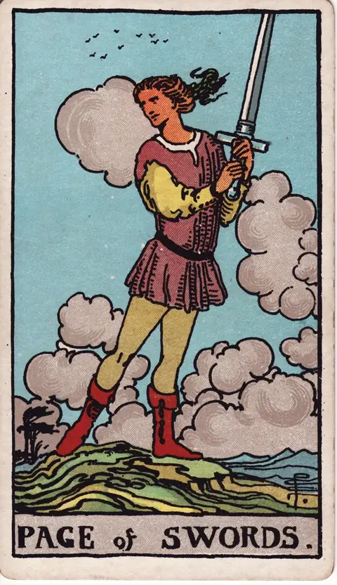 Karta tarota Paź Mieczy z talii Pameli Colman Smith z 1909 roku