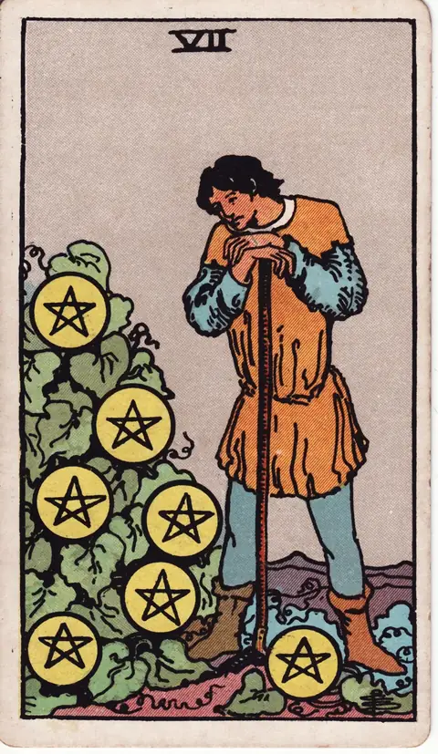 Tarotkarte Sieben der Münzen (7 der Münzen) aus dem Deck von Pamela Colman Smith (1909)