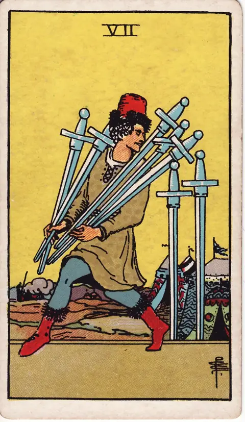 Tarotkarte Sieben der Schwerter (7 der Schwerter) aus dem Deck von Pamela Colman Smith (1909)
