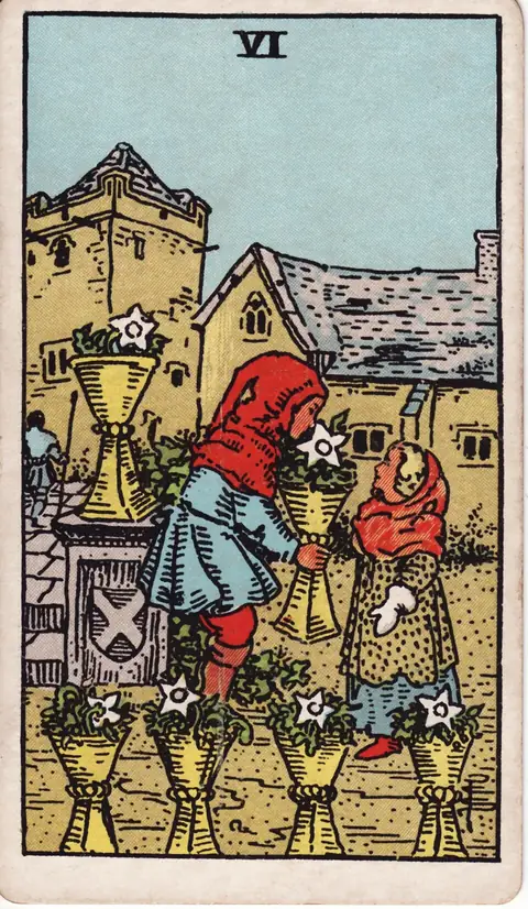 Tarotkarte Sechs der Kelche (6 der Kelche) aus dem Deck von Pamela Colman Smith (1909)