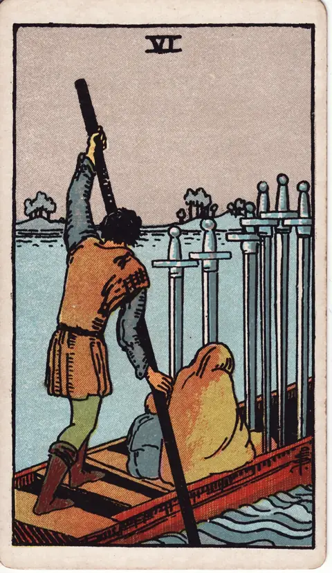 Tarotkarte Sechs der Schwerter (6 der Schwerter) aus dem Deck von Pamela Colman Smith (1909)