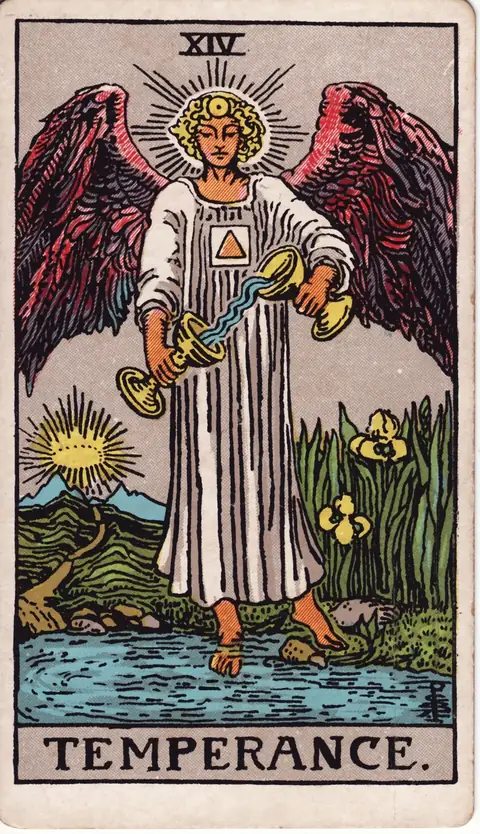 Temperance tarot card from the 1909 deck by Pamela Colman Smith