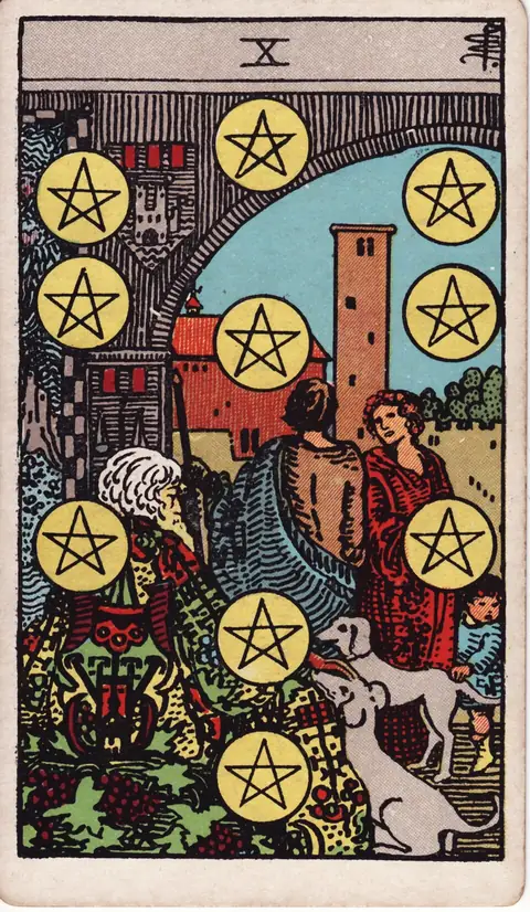 Ten of Pentacles (10 of Pentacles) tarot card from the 1909 deck by Pamela Colman Smith