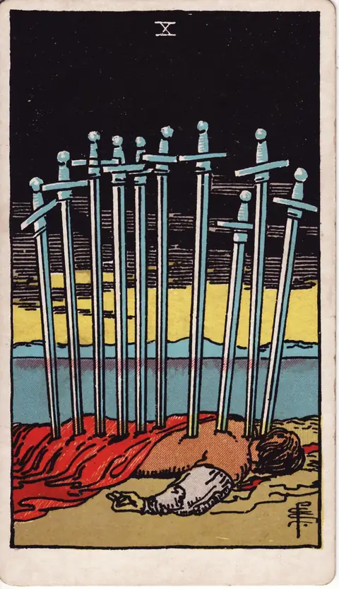 Dix d'Épées (10 d'Épées), carte de tarot du jeu de 1909 dessiné par Pamela Colman Smith