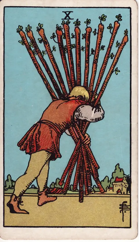 Tarotkarte Zehn der Stäbe (10 der Stäbe) aus dem Deck von Pamela Colman Smith (1909)