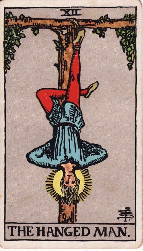 Tarotkarte Der Gehängte aus dem Deck von Pamela Colman Smith (1909)