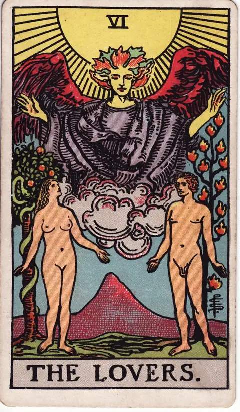 The Lovers tarot card from the 1909 deck by Pamela Colman Smith