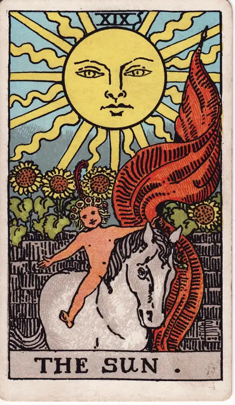 The Sun tarot card from the 1909 deck by Pamela Colman Smith