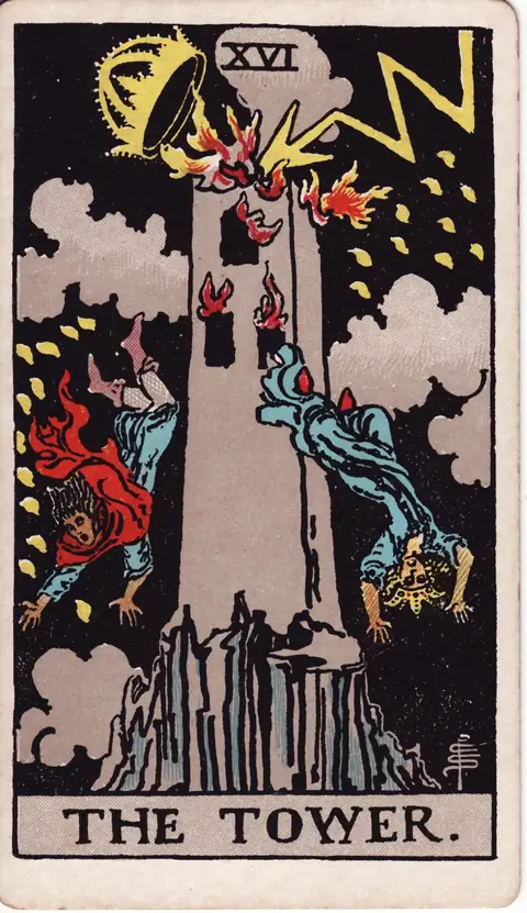 ไพ่ทาโรต์ The Tower (หอคอย) จากสำรับปี 1909 วาดโดยพาเมลา โคลแมน สมิธ