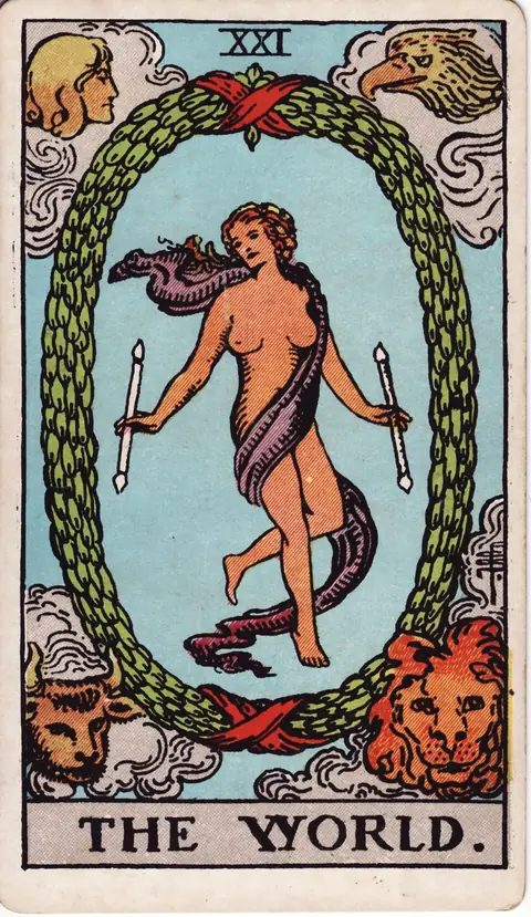 The World tarot card from the 1909 deck by Pamela Colman Smith