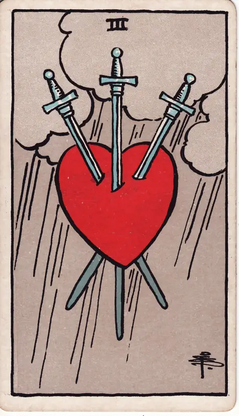 Tarotkarte Drei der Schwerter (3 der Schwerter) aus dem Deck von Pamela Colman Smith (1909)