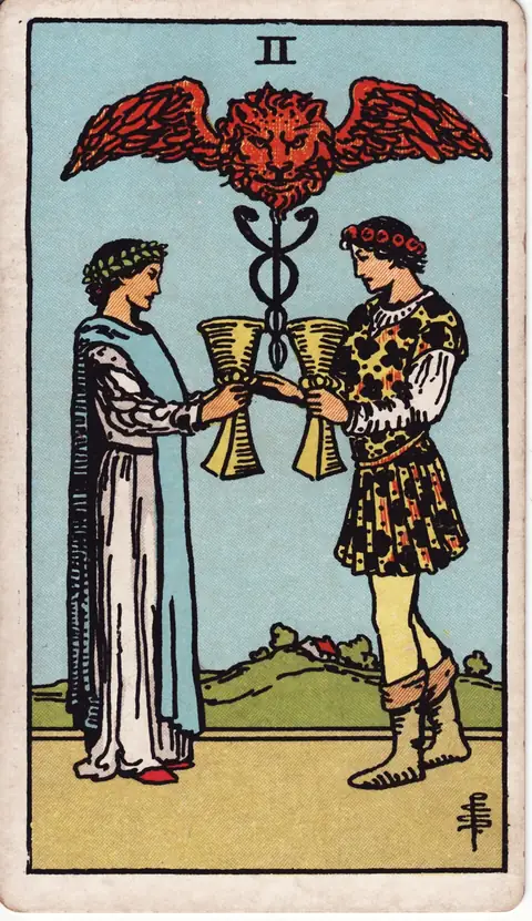 Tarotkarte Zwei der Kelche (2 der Kelche) aus dem Deck von Pamela Colman Smith (1909)