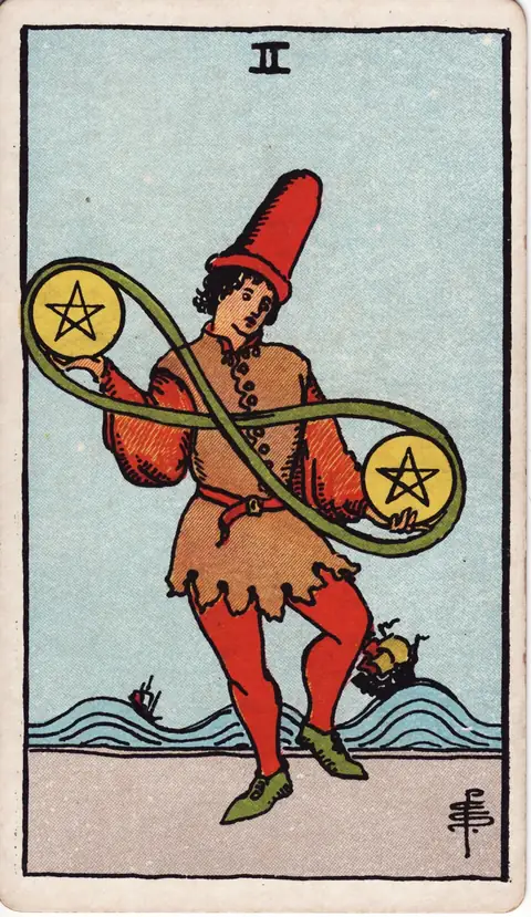 ไพ่ทาโรต์ Two of Pentacles (สองเหรียญ) จากสำรับปี 1909 วาดโดยพาเมลา โคลแมน สมิธ