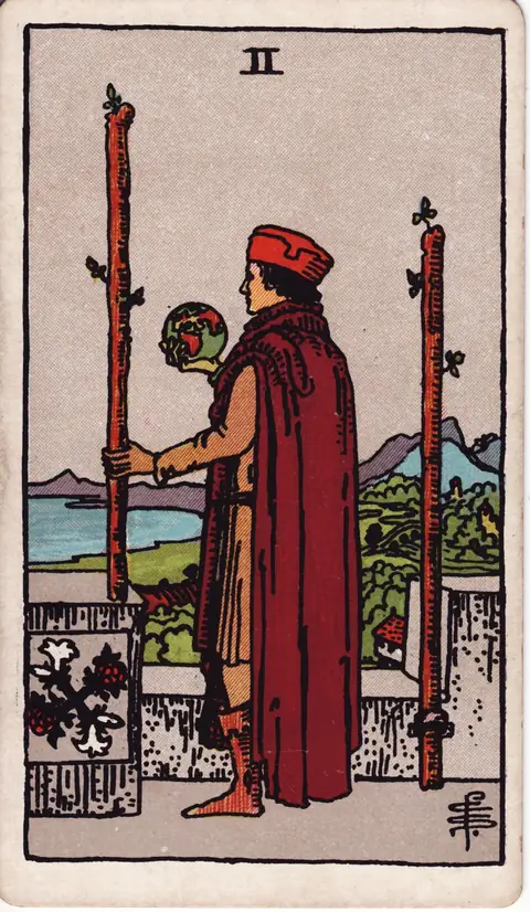 Tarotkarte Zwei der Stäbe (2 der Stäbe) aus dem Deck von Pamela Colman Smith (1909)