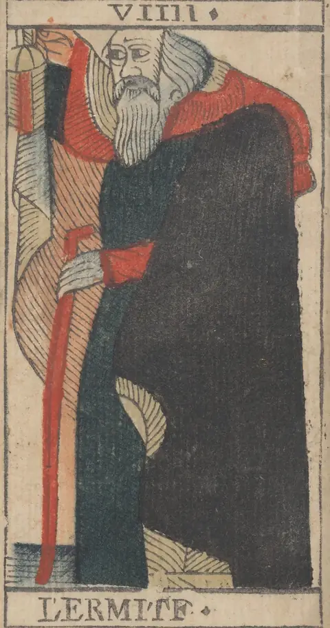L'Hermite, carte VIIII du tarot de Marseille de Jean-Pierre Payen, Avignon, 1713