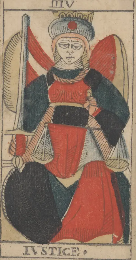 La Justice, carte VIII du tarot de Marseille de Jean-Pierre Payen, Avignon, 1713