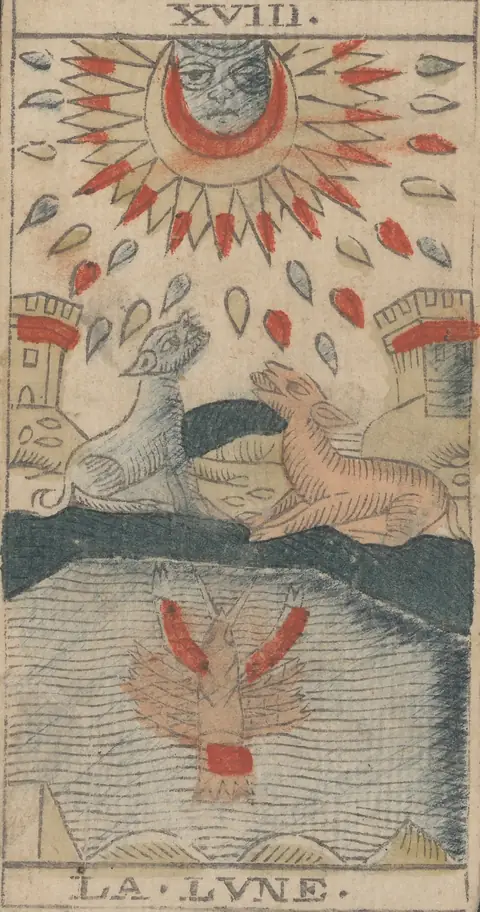 La Lune, carte XVIII du tarot de Marseille de Jean-Pierre Payen, Avignon, 1713