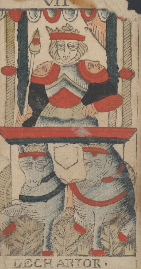 Le Chariot, carte VII du tarot de Marseille de Jean-Pierre Payen, Avignon, 1713