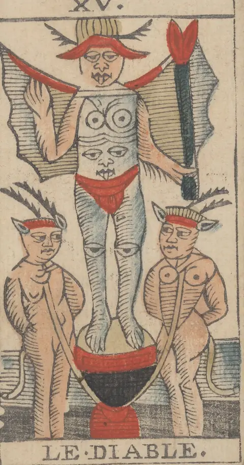 Le Diable, carte XV du tarot de Marseille de Jean-Pierre Payen, Avignon, 1713