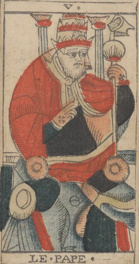 Le Pape, carte V du tarot de Marseille de Jean-Pierre Payen, Avignon, 1713