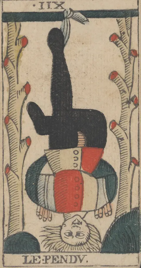 Le Pendu, carte XII du tarot de Marseille de Jean-Pierre Payen, Avignon, 1713