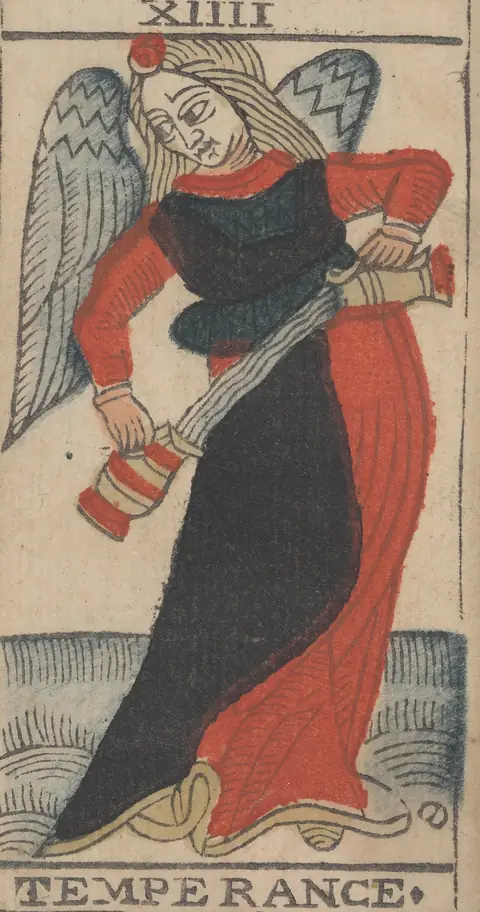 Tempérance, carte XIIII du tarot de Marseille de Jean-Pierre Payen, Avignon, 1713